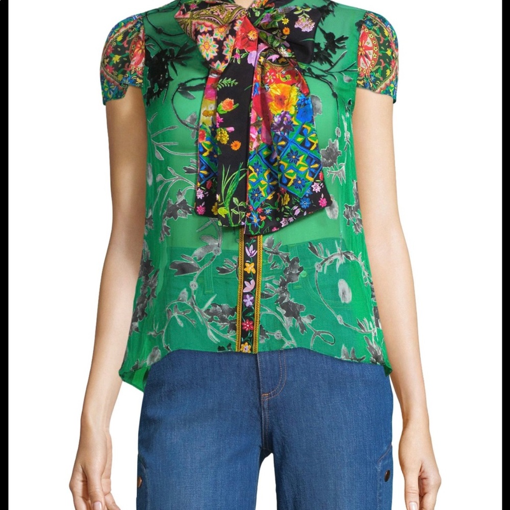 Alice + Olivia Jeannie bow blouse green size Small
